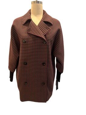 Carlisle Double-Breasted Houndstooth Pea Coat in Black, Camel & Pink
